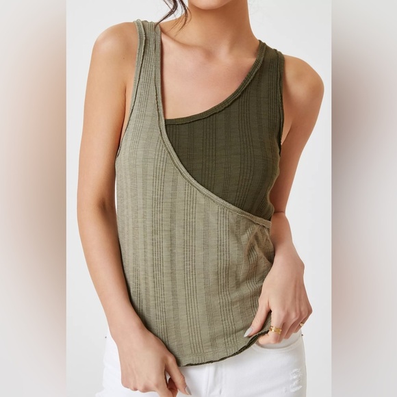 Pilcro Dual Tone Asymmetrical Tank Top Olive Green Ribbed Sustainable Cotton, S - Picture 3 of 12